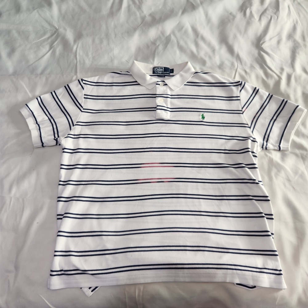 Polo Ralph Lauren Striped Polo Shirt Classic Fit Casual White Blue L